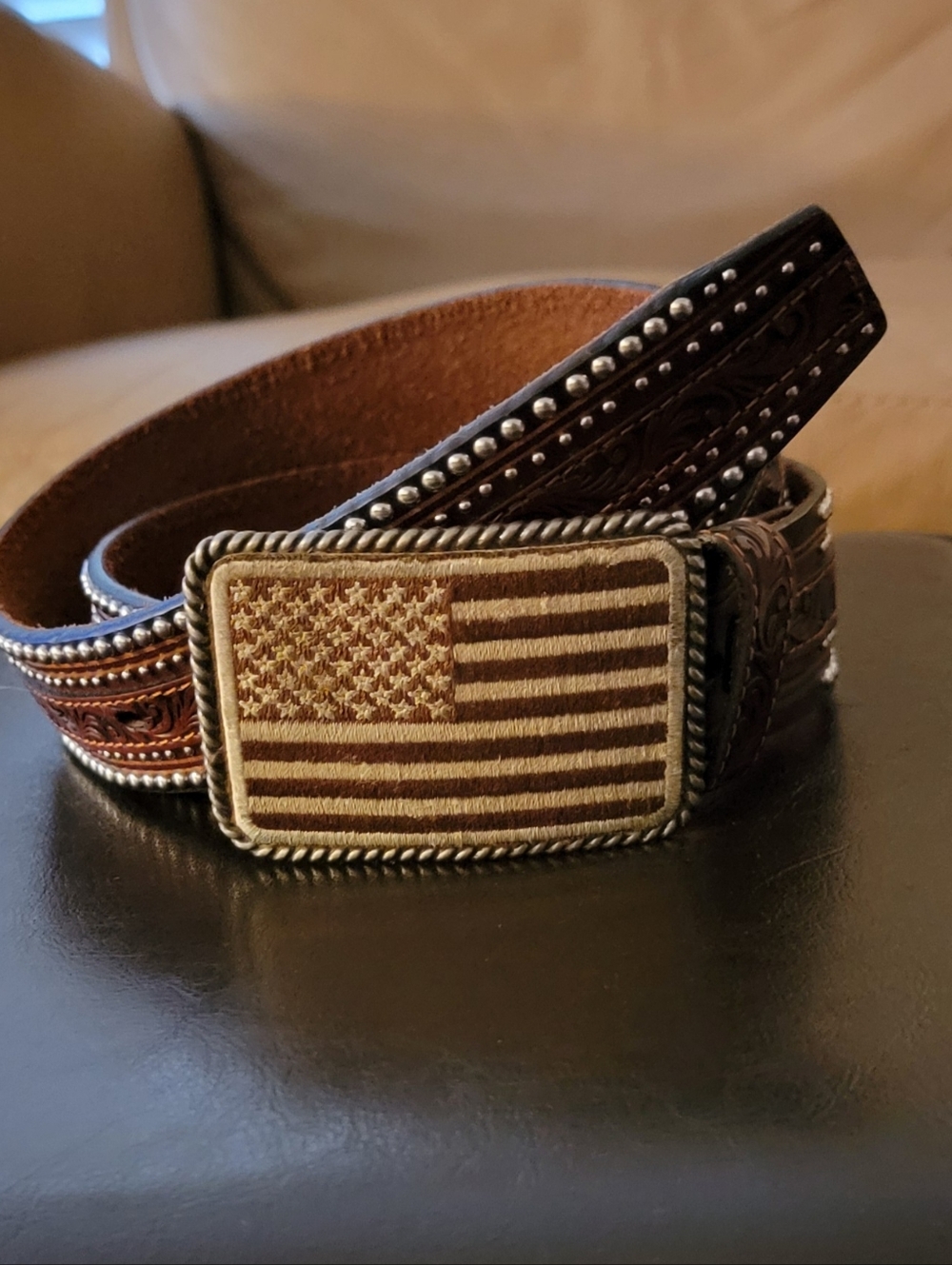 Tony Lama Leather Belt W/ Ariat AF Buckle Sz 34